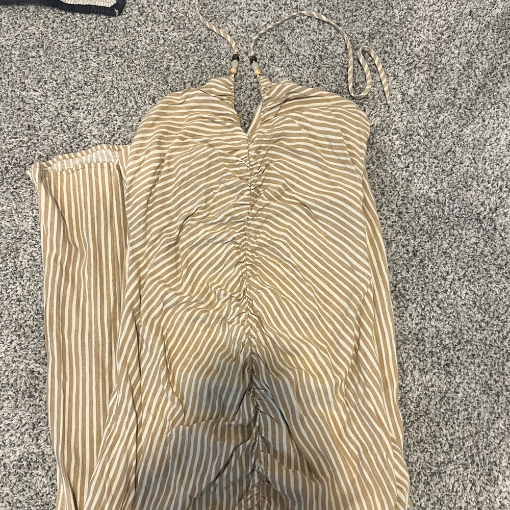 Zara Beige/Yellow and White Striped Midi Dress